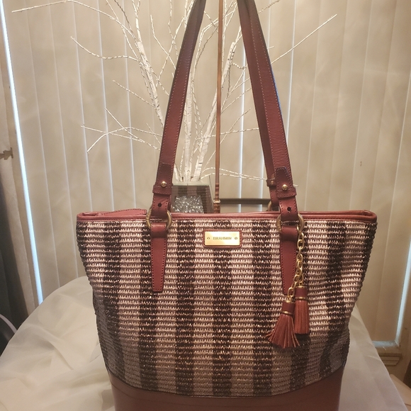 🍂BRAHMIN VINTAGE ASHER LEATHER & STRAW SHOULDER BAG EUCGREAT FOR SPRING